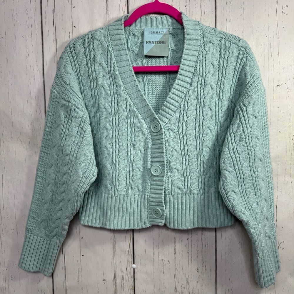 Forever 21 x Pantone Cable Knit Cropped Cardigan Mint Green Soft Girl Preppy